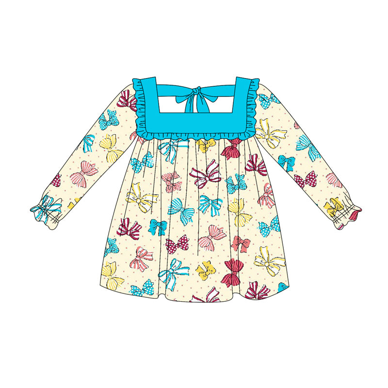 Preorder (moq 5)Baby Girls Long Ruffle Sleeves Colorful Bows Plaid Knee Length Dresses