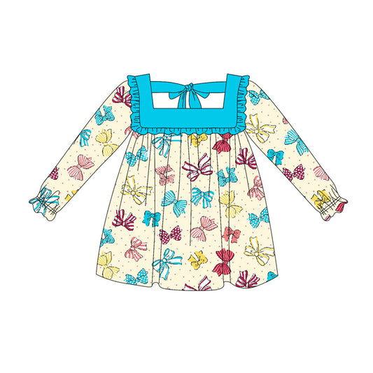 Preorder (moq 5)Baby Girls Long Ruffle Sleeves Colorful Bows Plaid Knee Length Dresses