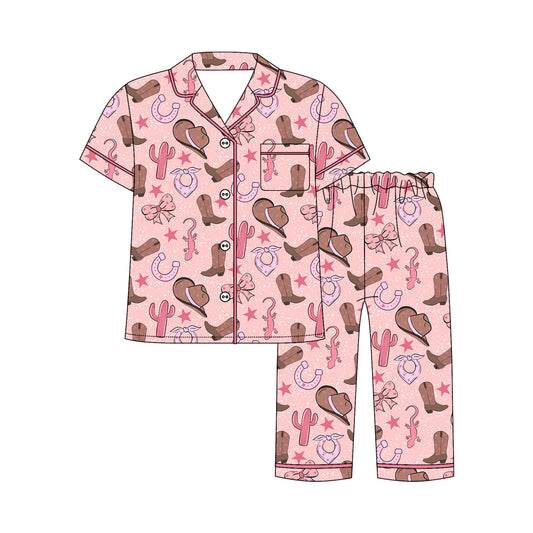 Preorder moq 5 Adult Short Sleeve Hats Boots Cactus Button Pockets Top Pants Western Pajamas Sets