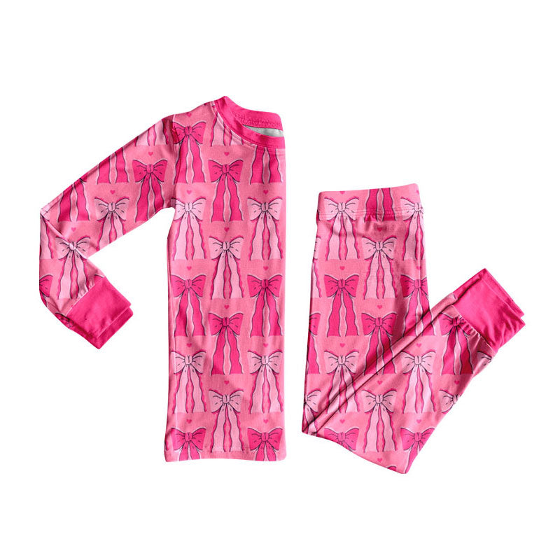 Preorder (moq 5)Baby Girls Hot Pink Bows Top Pants Valentine Pajamas Sets