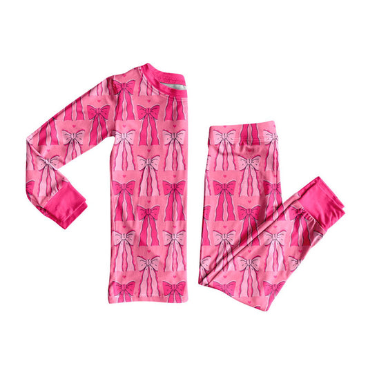 Preorder (moq 5)Baby Girls Hot Pink Bows Top Pants Valentine Pajamas Sets