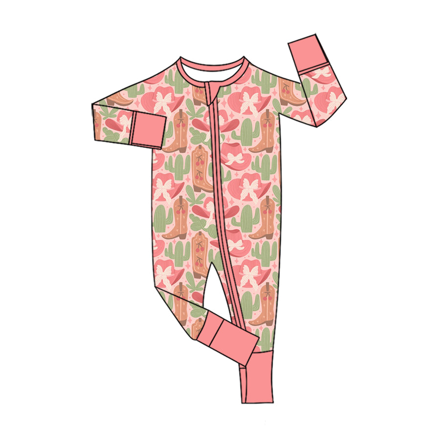 Preorder (moq 5) Baby Girl Clothes Cowboy Boot Cactus Mixed Print Long Sleeve Zipper Romper