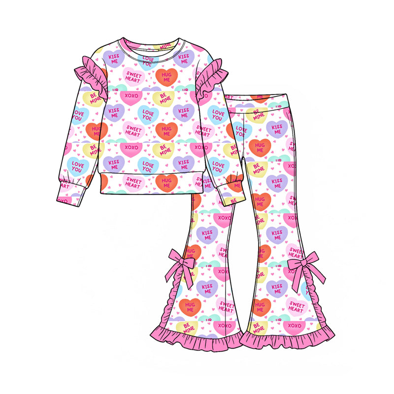 Preorder (moq 5) Girls’ Fall Pink Heart Letter & Bow Ruffle Long-Sleeve Round-Neck Top with Flare Pants Set