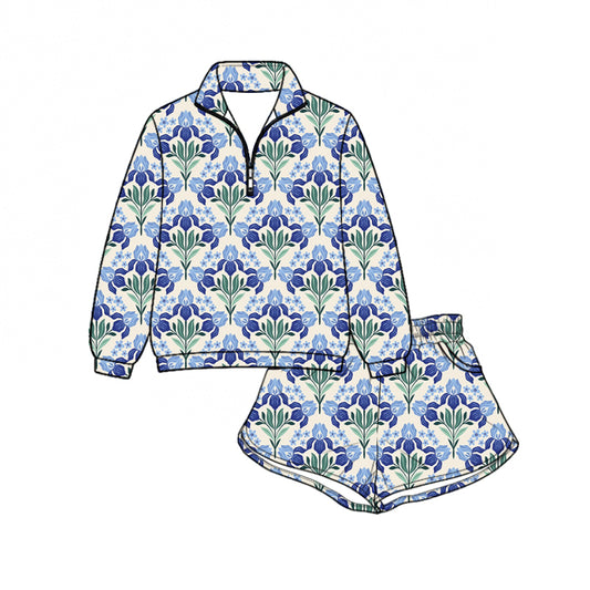 Preorder (moq 5)Baby Girls Colorful Flowers Zip Pullovers Pockets Short Clothes Set