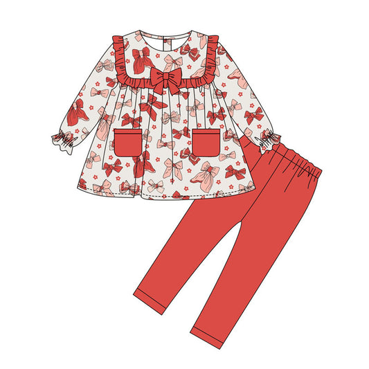 Preorder(moq 8)Baby Girls Red Flowers Bows Pockets Tunic Leggings Clothes Sets