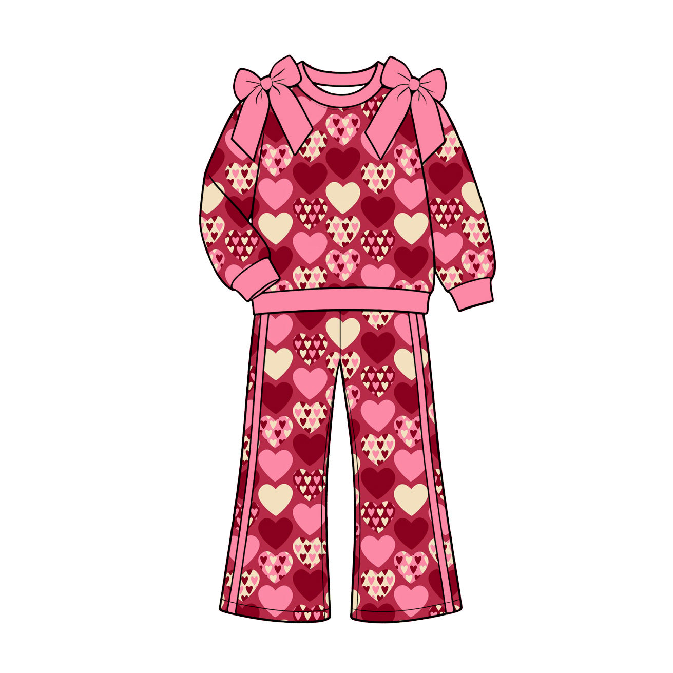 Preorder (moq 5) Girls’ Fall Valentine’s Day Black & Red Heart Bow Crewneck Long-Sleeve Sweatshirt & Wide-Leg Pants Set