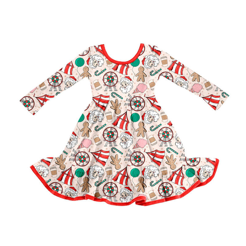 Preorder (moq 5)Baby Girls Santa Gingerbread Candy Christmas Ruffle Knee Length Dresses