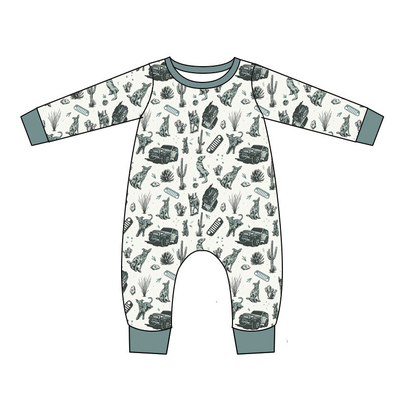 Preorder (moq 5)Baby Boys Long Sleeve Cactus Trucks Western Pant Rompers