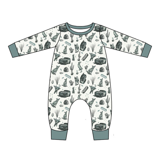 Preorder (moq 5)Baby Boys Long Sleeve Cactus Trucks Western Pant Rompers
