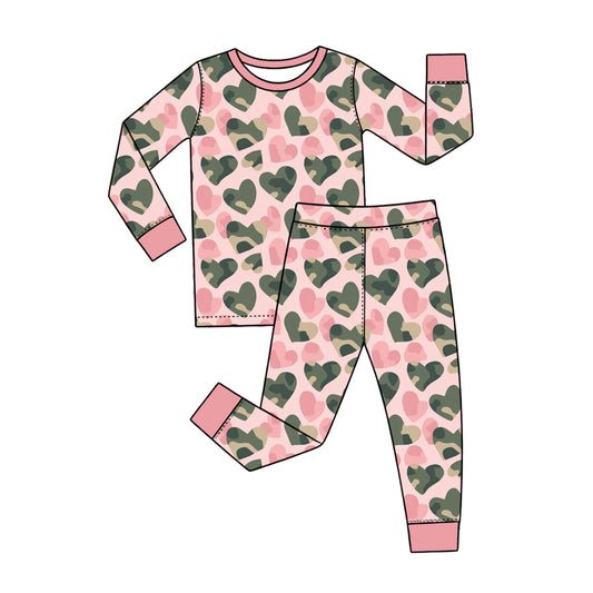 Preorder (moq 5) Baby Girl Clothes Pink Base Camo Heart Mixed Print Long Sleeve Pajama Set