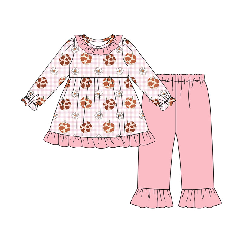 Preorder (moq 5)Baby Girls Pink Camo Pumpkins Daisy Plaid Tunic Ruffle Pant Fall Set