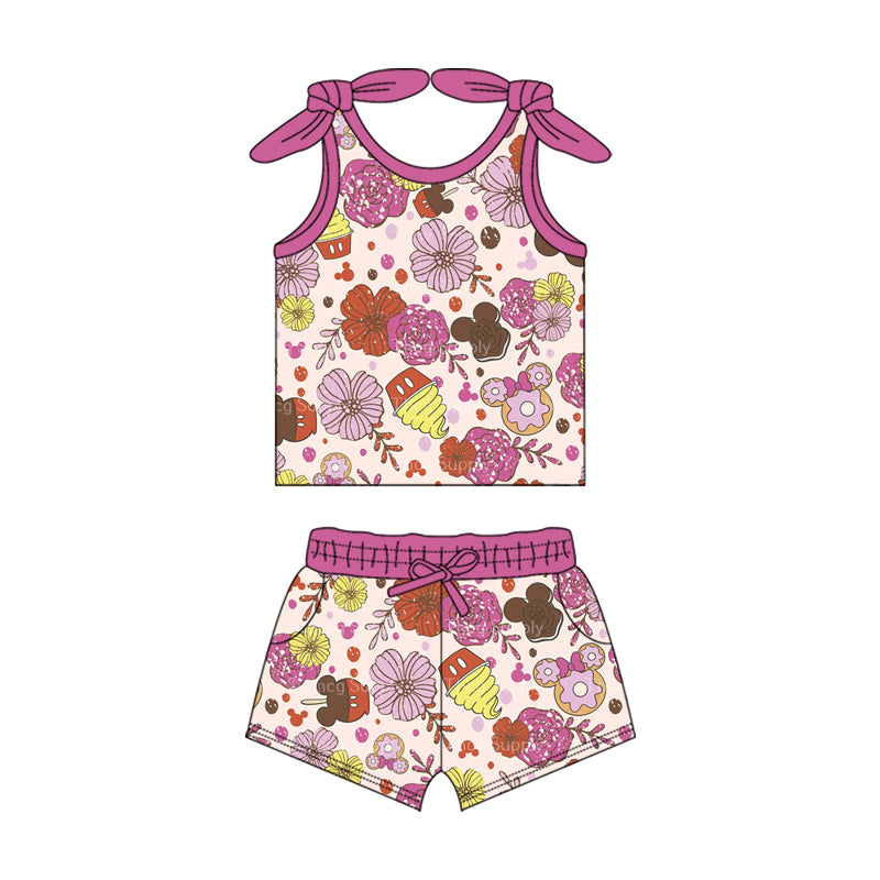 Preorder (moq 5)Baby Girls Pink Red Flowers Cartoon Summer Shirt Top Shorts Clothes Sets