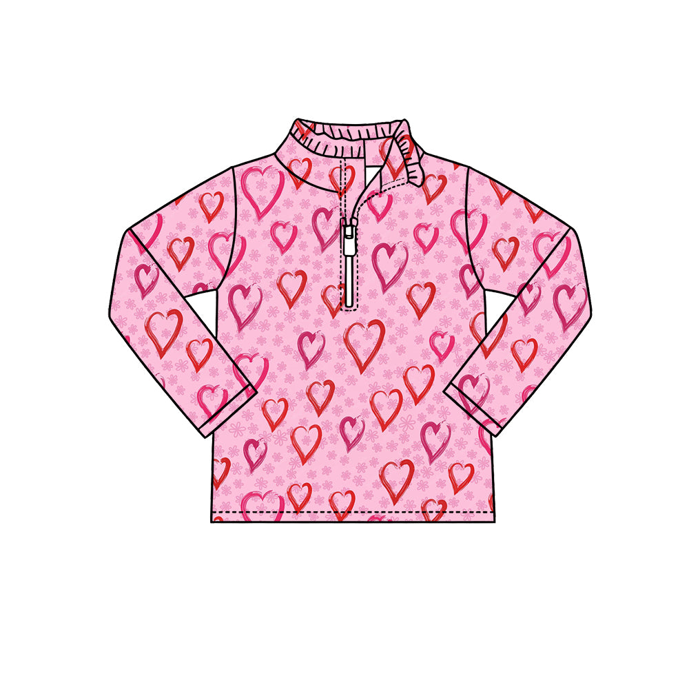 Preorder (moq 5) Baby Girl Clothes Sketch Pink Heart Allover Print Long Sleeve Half Zip Top