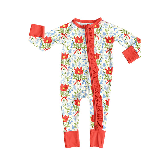 Preorder (moq 5)Baby Girls Bows Flowers Two Way Ruffle Zip Convertible Rompers