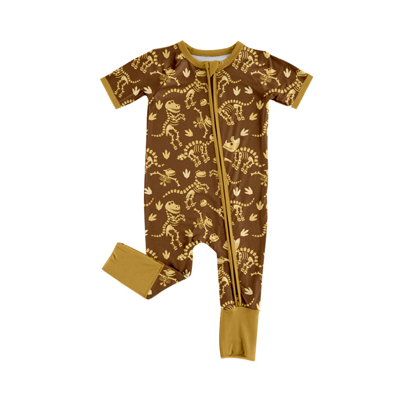 preorder(moq 5) Baby Boys Khaki Dinosaurs Two Way Zip Convertible Rompers
