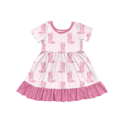 Preorder (moq 5)Baby Girls Flower Boots Western Ruffle Knee Length Dresses