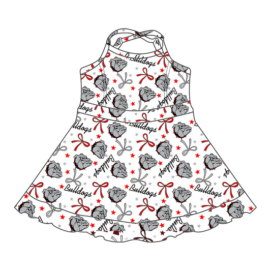 Preorder (moq 5)Baby Girls Strap Gray Dogs Stars Bows Ruffle Shorts Team Knee Length Dresses