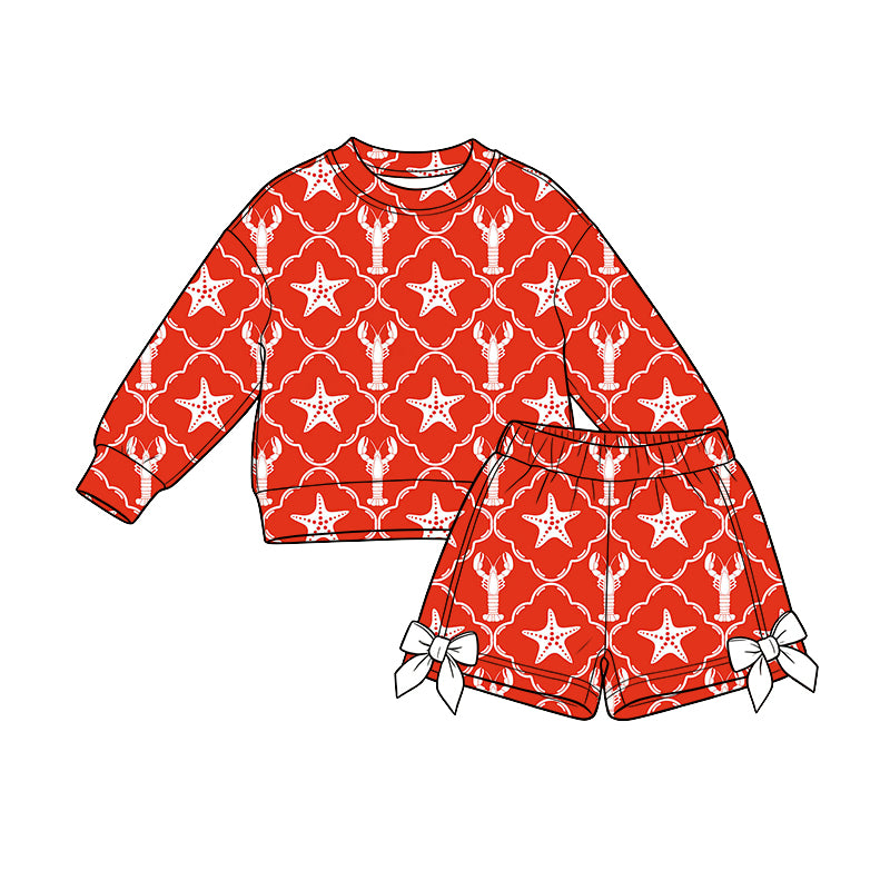 Preorder (moq 5) Baby Girl Clothes Red Lobster Starfish Mixed Print Long Sleeve Sweatshirt Bow Short Set