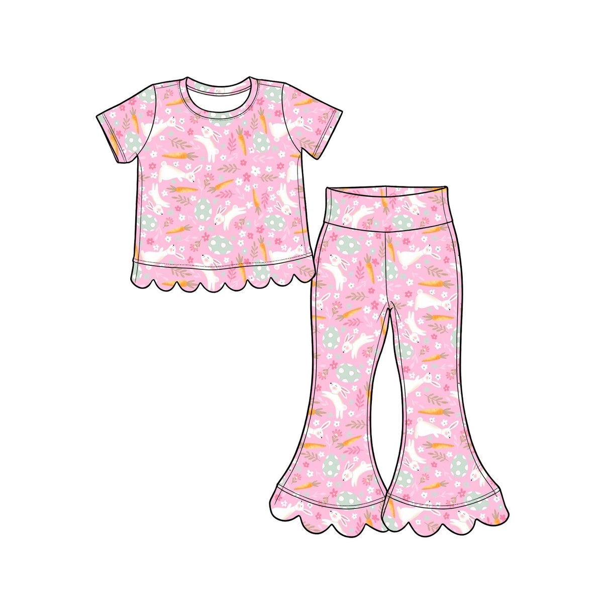 Pre-order(moq5) Baby Girls’ & Girls’ Spring Easter Light Pink Cute Rabbit & Carrot Print Ruffle Crew Neck Short Sleeve Flare Pants Set