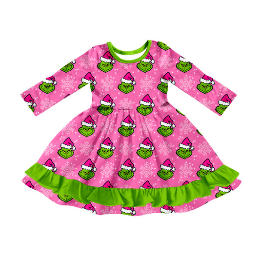 Preorder (moq 5)Baby Girls Christmas Hats Green Face Snowflake Ruffle Knee Length Dresses