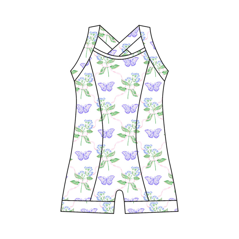 Preorder moq 10 Baby Girls Strap Lavender Butterfly Flowers Activity Wear Yoga Jumpsuit
