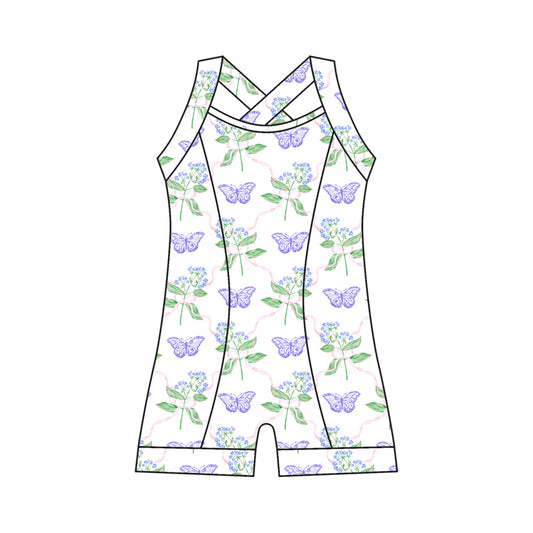 Preorder moq 10 Baby Girls Strap Lavender Butterfly Flowers Activity Wear Yoga Jumpsuit
