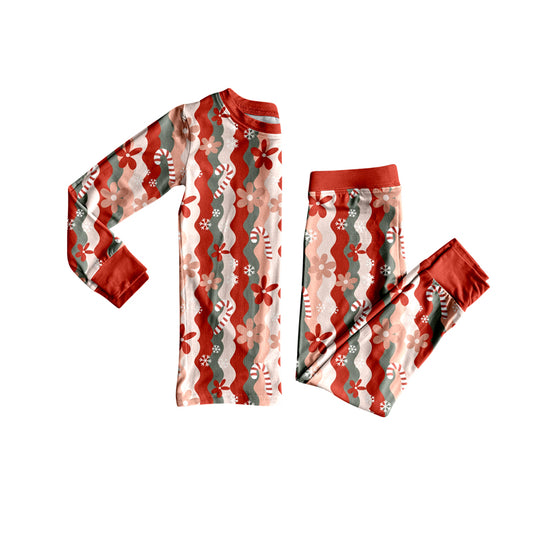Preorder (moq 5)Baby Girls Long Sleeves Red Flowers Candy Cane Top Pant Pajamas Set