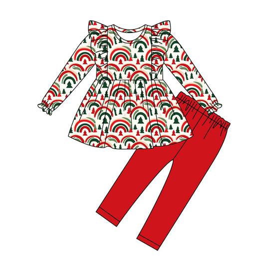 Preorder (moq 5)Baby Girls Trees Rainbows Tunic Leggings Christmas Clothes Sets