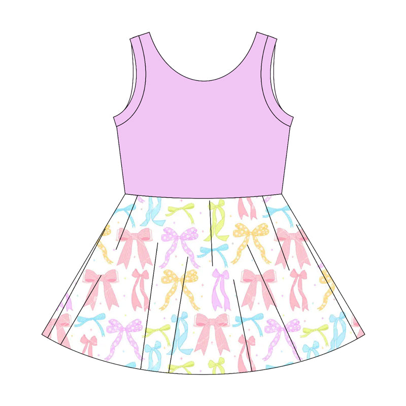 Preorder moq 10 Baby Girls Lavender Sleeveless Top Colorful Bows Patchwork Knee Length Dresses