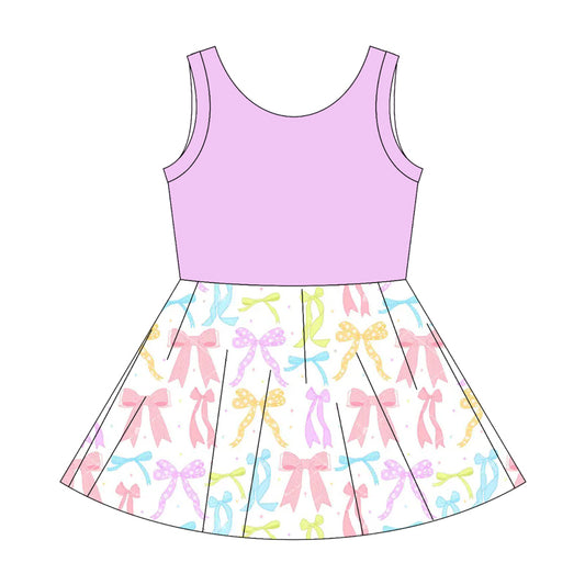 Preorder moq 10 Baby Girls Lavender Sleeveless Top Colorful Bows Patchwork Knee Length Dresses