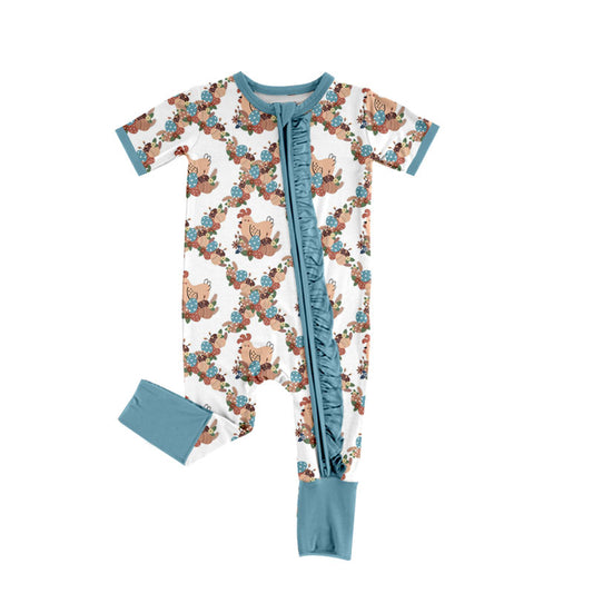 Preorder (moq 5) Baby Girl Clothes Vintage Chicken Floral Berry Print Short Sleeve Ruffle Zip Romper Jumpsuit