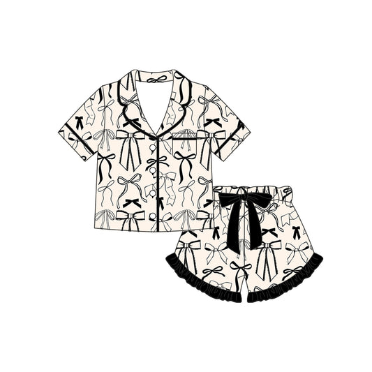 Preorder moq 5 Baby Girls Black Bows Button Pocket Top Ruffle Shorts Pajamas Sets