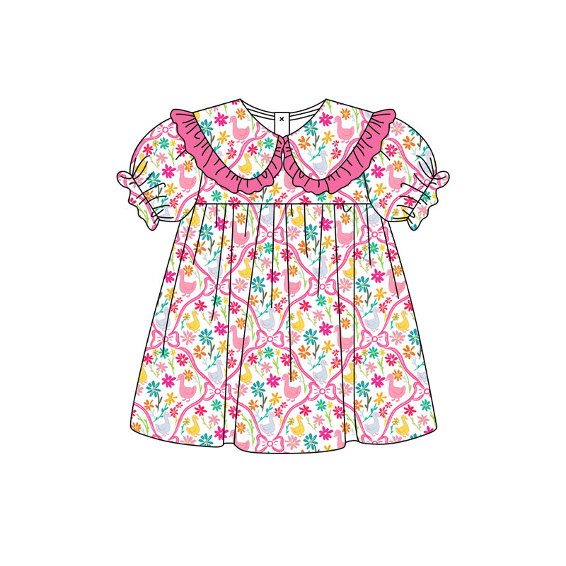 Preorder moq 5 Baby Girls Colorful Flowers Gooses Collar Knee Length Dresses