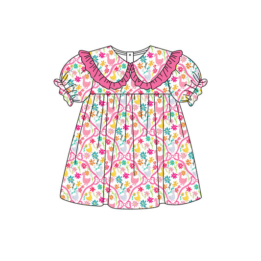 Preorder moq 5 Baby Girls Colorful Flowers Gooses Collar Knee Length Dresses