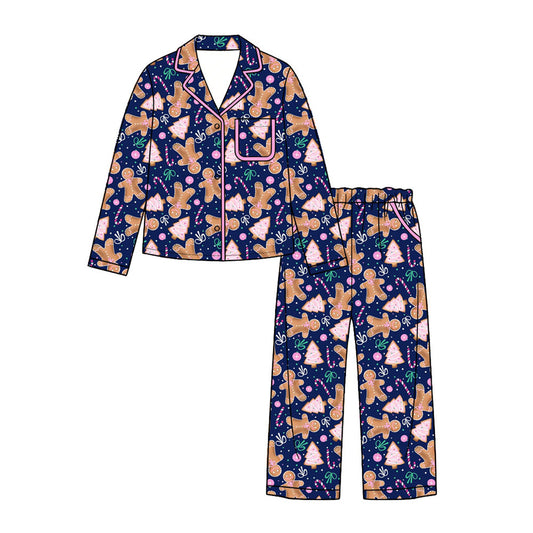 Preorder (moq 5) Adult Women Gingerbread Trees Button Pocket Top Pant Christmas Pajamas Sets