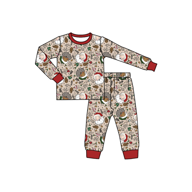 Preorder (moq 5)Baby Boys Long Sleeves Santa Holly Plaid Top Pant Pajamas Set