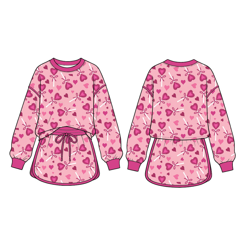Preorder (moq 5)Baby Girls Pink Bows Hearts Long Sleeve Top Skirt Short Valentines Clothes Set