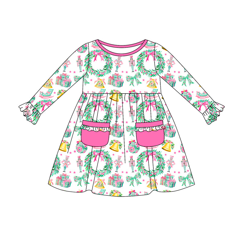 Preorder (moq 5)Baby Girls Long Ruffle Sleeves Soldiers Holly Pockets Knee Length Dress