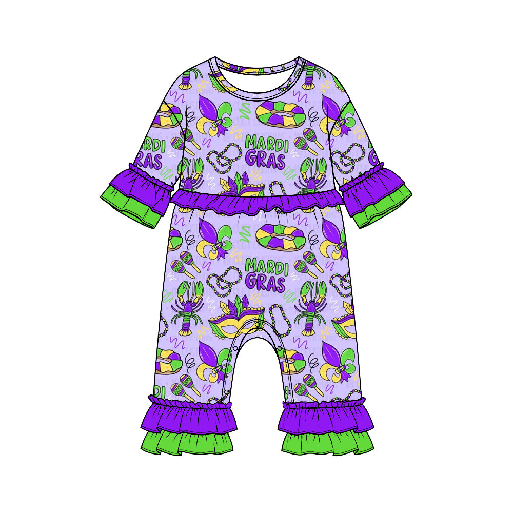 Preorder moq 5  Girls’ Mardi Gras Ruffle Long-Sleeve Romper, Colorful Mask Print Holiday One-Piece Outfit