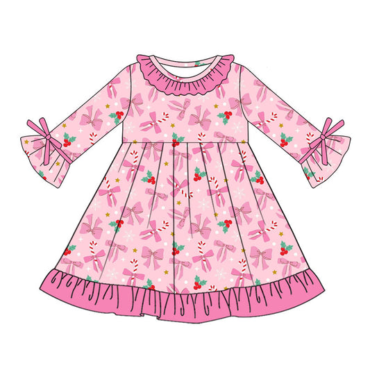 Preorder (moq 5)Baby Girls Pink Bows Candy Cane Christmas Ruffle Knee Length Dresses