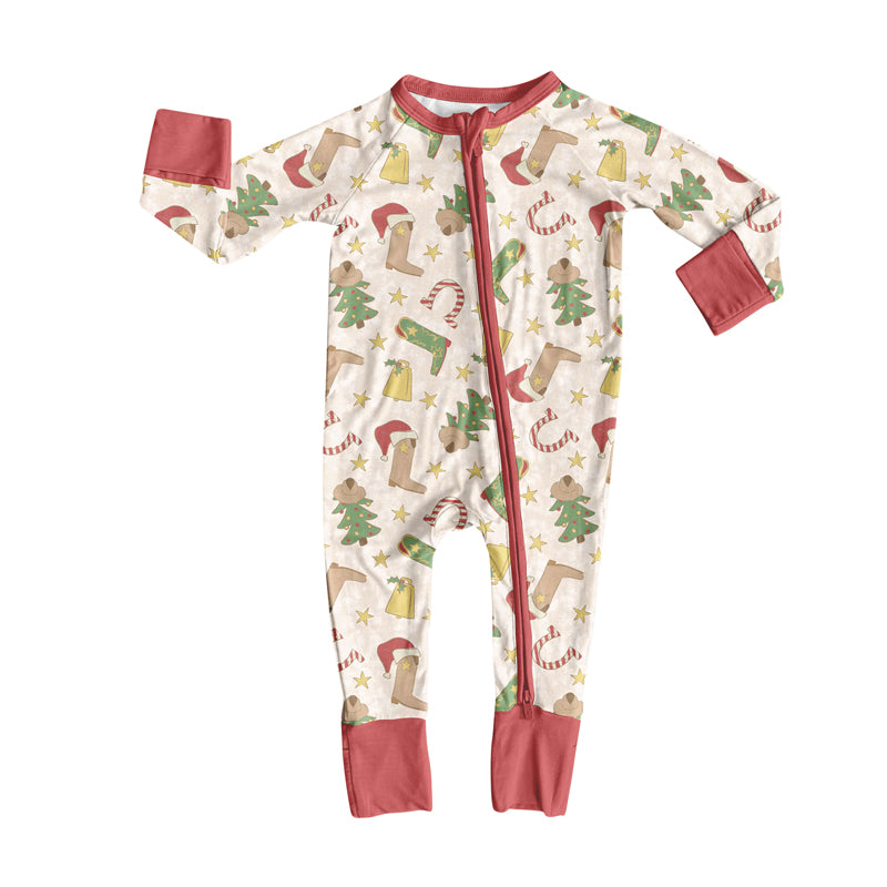 Preorder (moq 5)Baby Boys Boots Trees Christmas Zipper Footie Rompers