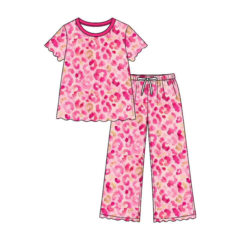 Pre-order(moq5)  Girls’ Fall Fuchsia Round-Neck Short-Sleeve Top & Bow-Detail Elastic-Waist Straight-Leg Pants Two-Piece Outfit Set