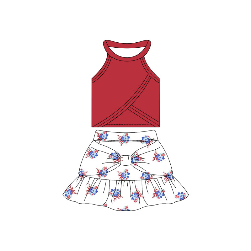 Preorder moq 10 Baby Girls Sleeveless Dark Red Vest Top Flowers Plaid Bow Ruffle Short Skirts Activity Wear Yoga Set