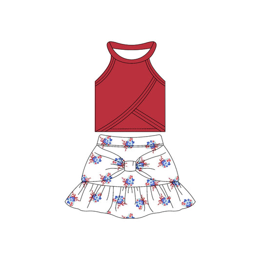 Preorder moq 10 Baby Girls Sleeveless Dark Red Vest Top Flowers Plaid Bow Ruffle Short Skirts Activity Wear Yoga Set