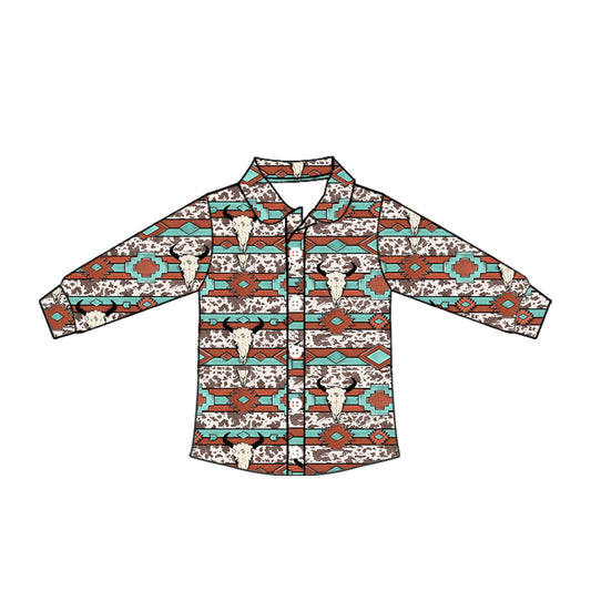 Preorder moq 10 Baby Boys Khaki Long Sleeves Western Aztec Bull Skull Button Shirts Top