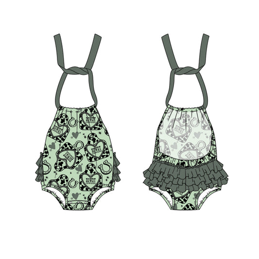 Preorder(moq 5)Baby Infant Girls Green Strap Cow Print Horse Shoes Hearts Backless Bubble Rompers