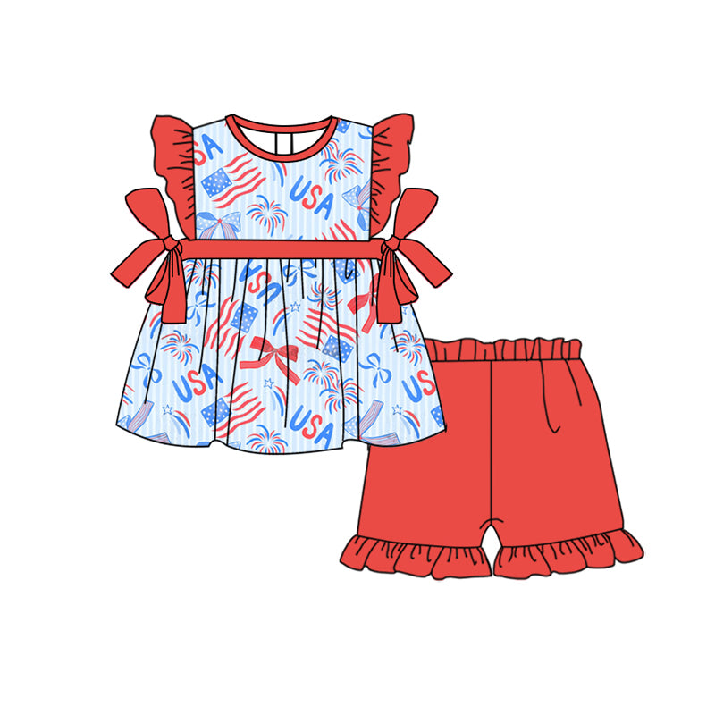 Preorder moq 5 Baby Girls Flutter Sleeves Bows Firework Tunic Ruffle Short 4th Of July Set