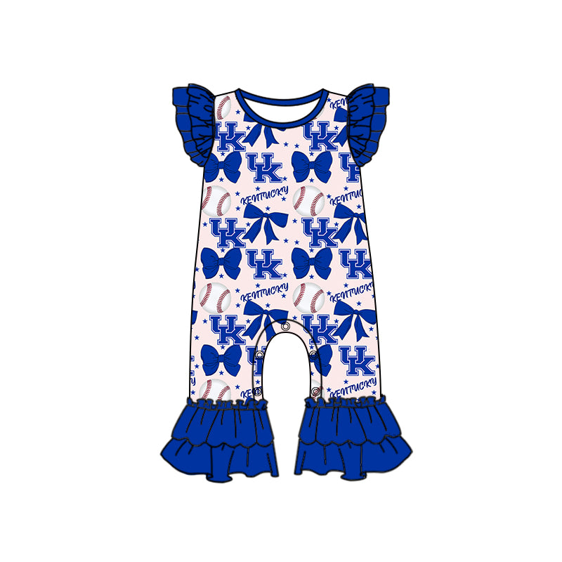 Preorder (moq 5)Baby Girls Blue Flutter Sleeves Baseball Bows UK Ruffle Pant Team Rompers