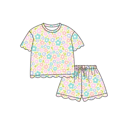 Preorder (moq 5)Baby Girls Colorful Small Flowers Top Scallop Shorts Clothes Sets