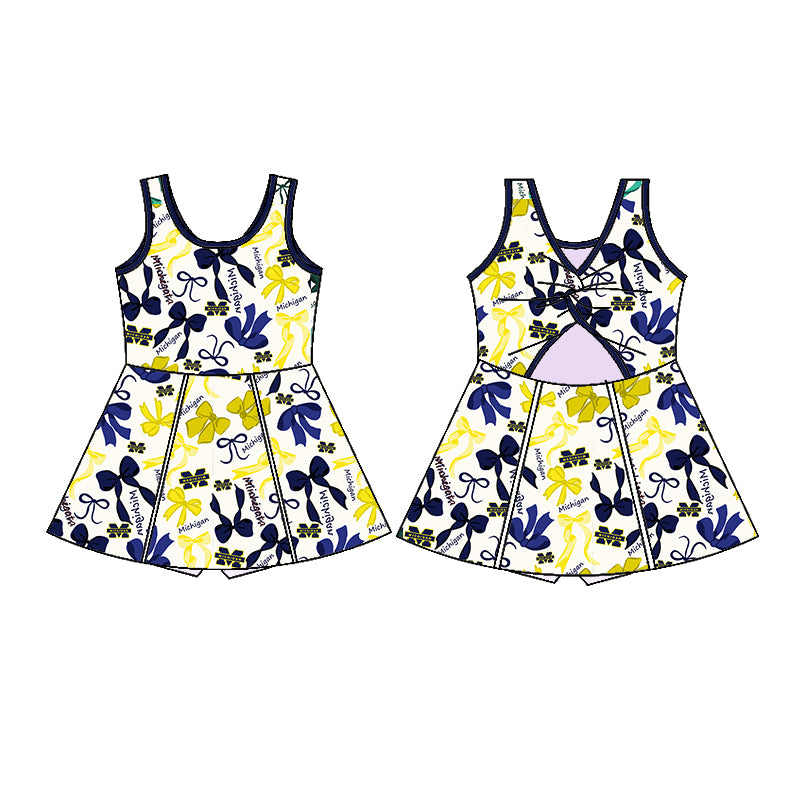 Preorder (moq 5)Baby Girls Sleeveless Yellow Navy Bows Plaid Short Team Knee Length Dresses